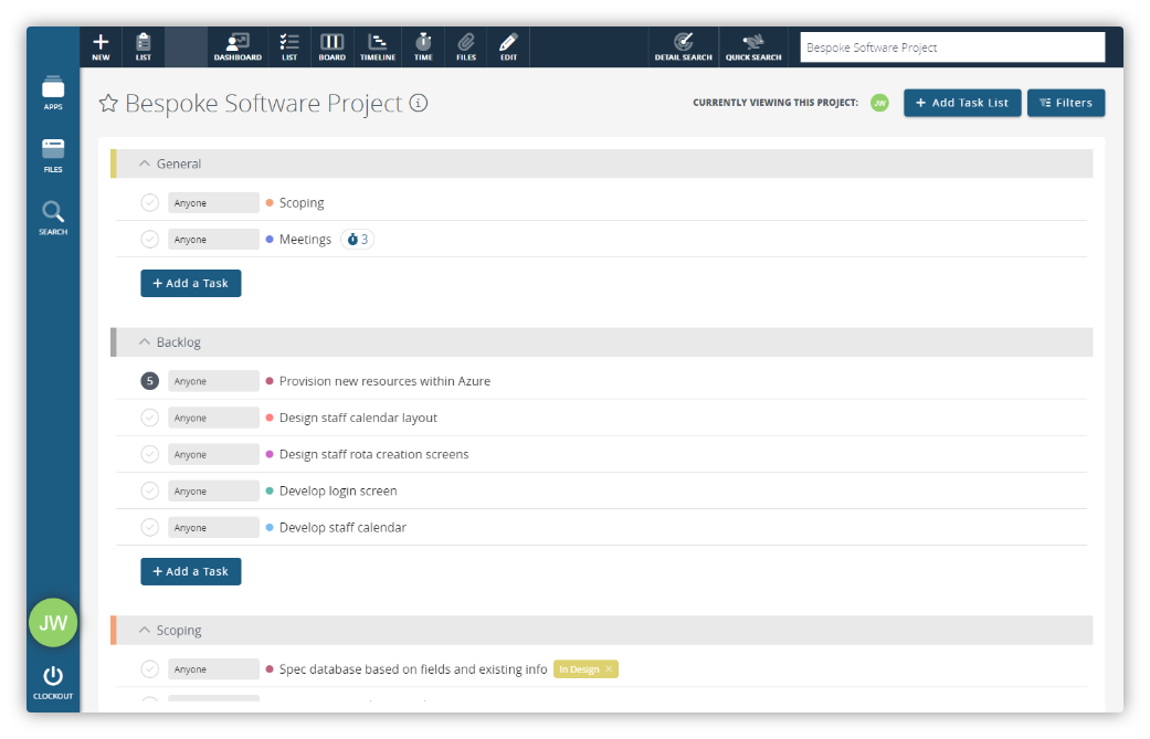 A screenshot showing Clockwork CRMs project management system